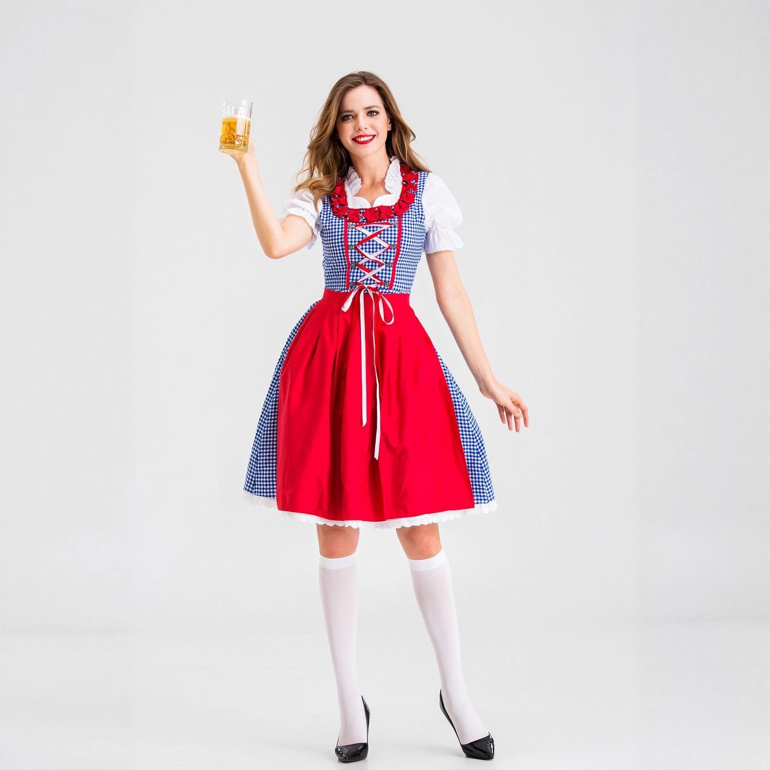 Beer & Wine Jockey Plaza Shopping - Women German Dirndl Dress Plaid Check